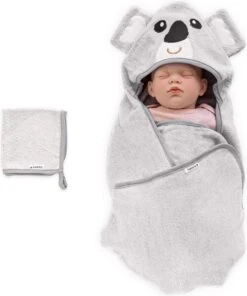 Navaris Badcape Met Capuchon Voor Baby - Set Met Badcape En Washandje - 100% Bamboe - Voor Baby's Van 0-12 Maanden - Oeko-tex Gecertificeerd - Koala