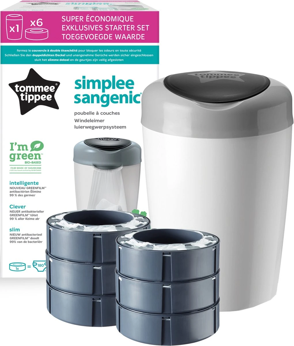 Tommee Tippee Simplee Sangenic luieremmer, milieuvriendelijker systeem, inclusief 6 navulcassettes met duurzaam geproduceerde antibacteriële GREENFILM, grijs Tommee Tippee Simplee Sangenic Luieremmer, Milieuvriendelijker Systeem, Inclusief 6 Navulcassettes Met Duurzaam Geproduceerde Antibacteriële GREENFILM, Grijs -Babyproducten Promotie Winkel