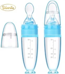 Biberoia® Knijpfles Met Lepel – Drinkfles - Baby / Kinderbestek - Kraamcadeau – Babyshower – Blauw -Babyproducten Promotie Winkel 1055x1200