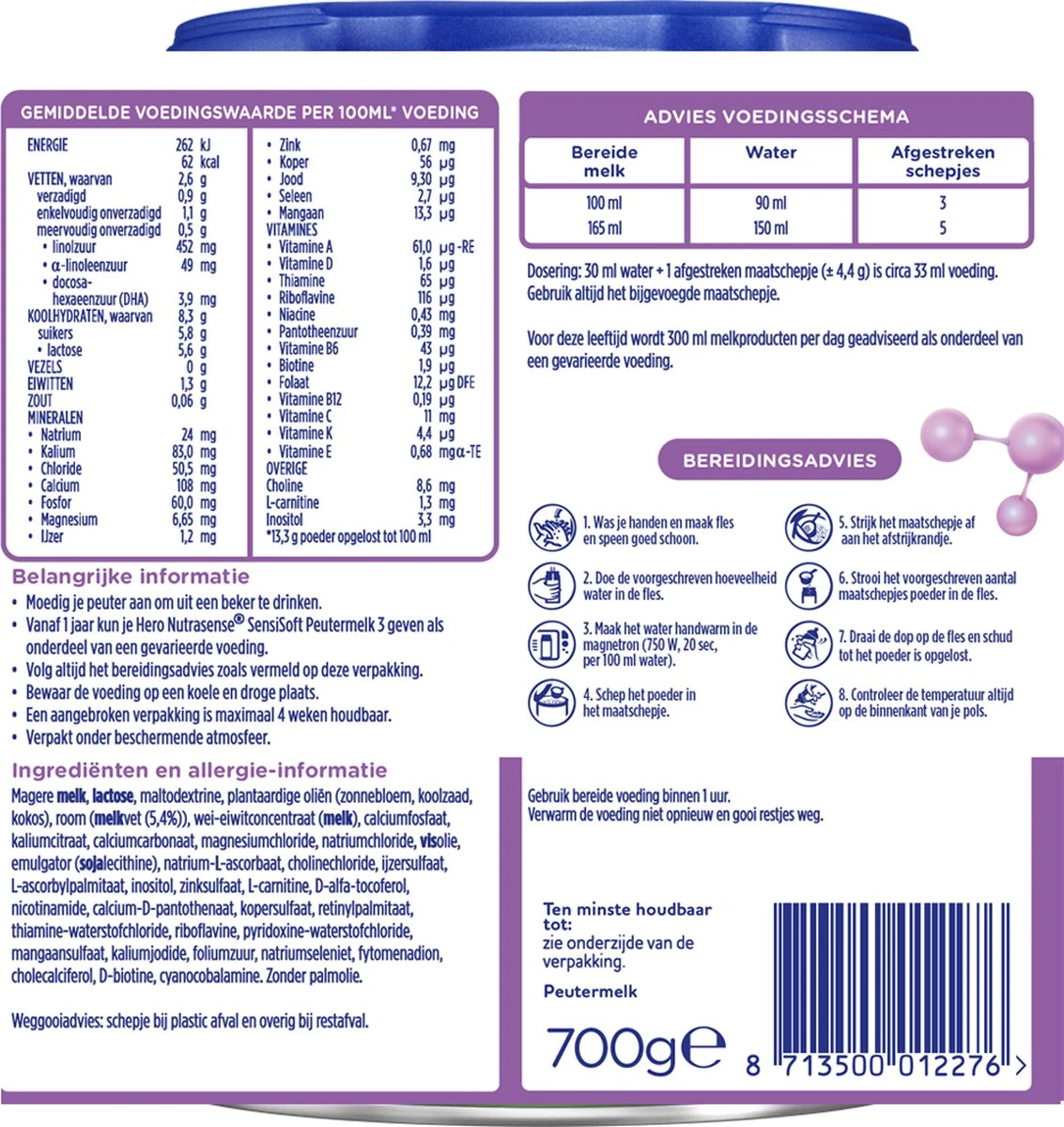 Hero Nutrasense SensiSoft Peutermelk 3 - Flesvoeding vanaf 1 jaar - 3 x 700 gram - met Melkvet - Palmolie Vrij Hero Nutrasense SensiSoft Peutermelk 3 - Flesvoeding Vanaf 1 Jaar - 3 X 700 Gram - Met Melkvet - Palmolie Vrij -Babyproducten Promotie Winkel 1133x1200 6