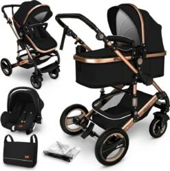 KIDUKU- 3 In 1 Combi-kinderwagen- Zwart/goud- Buggy Incl. Autostoeltje-regenhoes- Inklapbaar