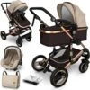 KIDUKU- 3 In 1 Combi-kinderwagen- Bruin/goud- Buggy Incl. Autostoeltje-regenhoes- Inklapbaar