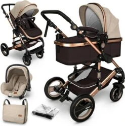 KIDUKU- 3 In 1 Combi-kinderwagen- Bruin/goud- Buggy Incl. Autostoeltje-regenhoes- Inklapbaar