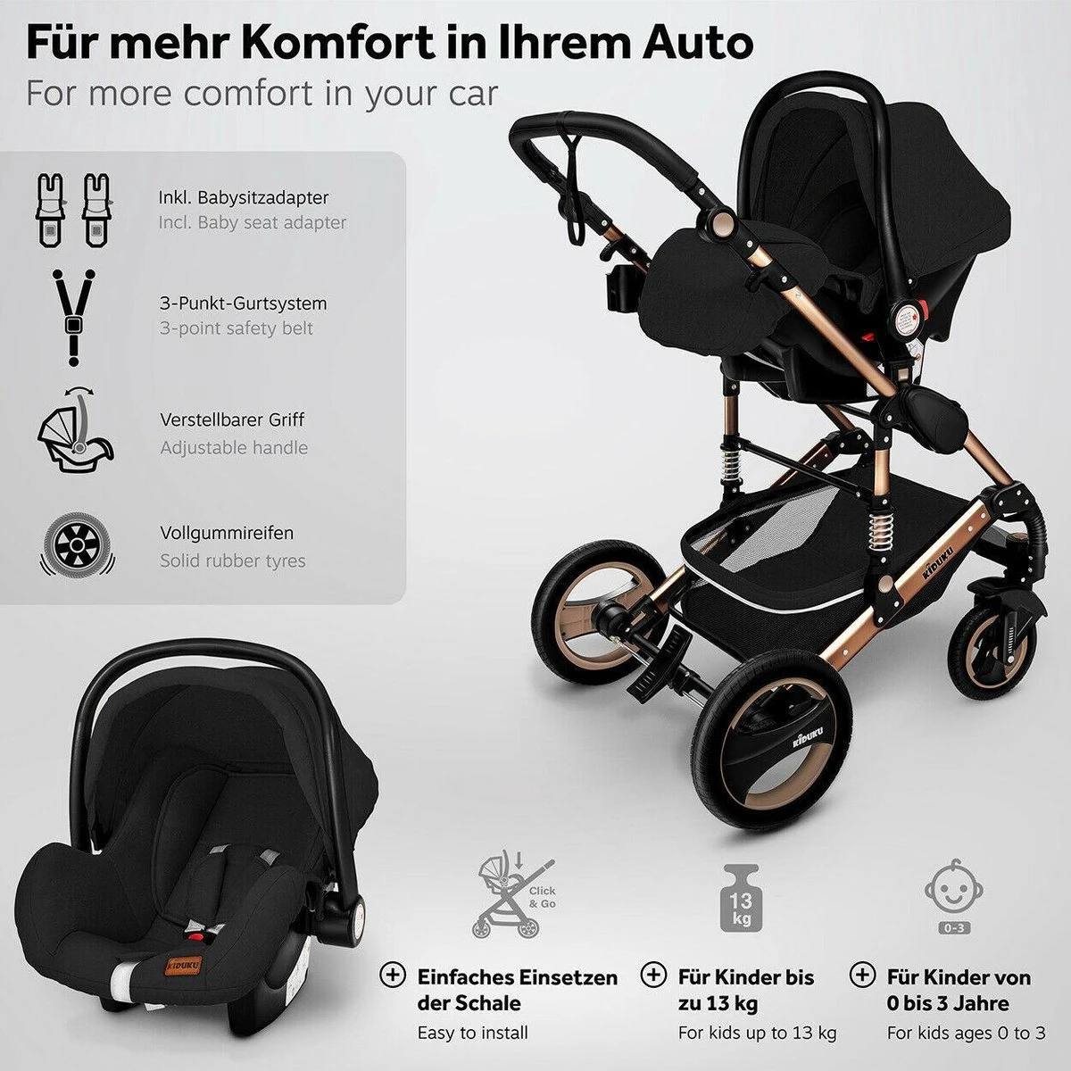 KIDUKU- 3 in 1 combi-kinderwagen- zwart/goud- buggy incl. autostoeltje-regenhoes- inklapbaar KIDUKU- 3 In 1 Combi-kinderwagen- Zwart/goud- Buggy Incl. Autostoeltje-regenhoes- Inklapbaar -Babyproducten Promotie Winkel 1200x1200 2599