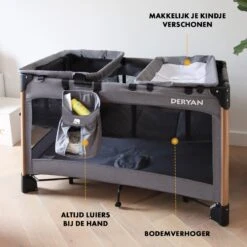 Deryan Luxe Campingbed Compleet - 120x60cm - Bodemverhoger - Verschoonblad - Opbergmand - Grijs -Babyproducten Promotie Winkel 1200x1200 2854