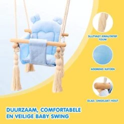 Melvy® - Baby Schommel Peekaboo – Blauw – Baby Swing – Schommelstoel Baby – Baby Schommel Buiten – Baby Schommelstoel – Babyzitje – Stof – Hout – Incl. Zacht Kussen & Bevestigingsmateriaal -Babyproducten Promotie Winkel 1200x1200 3235