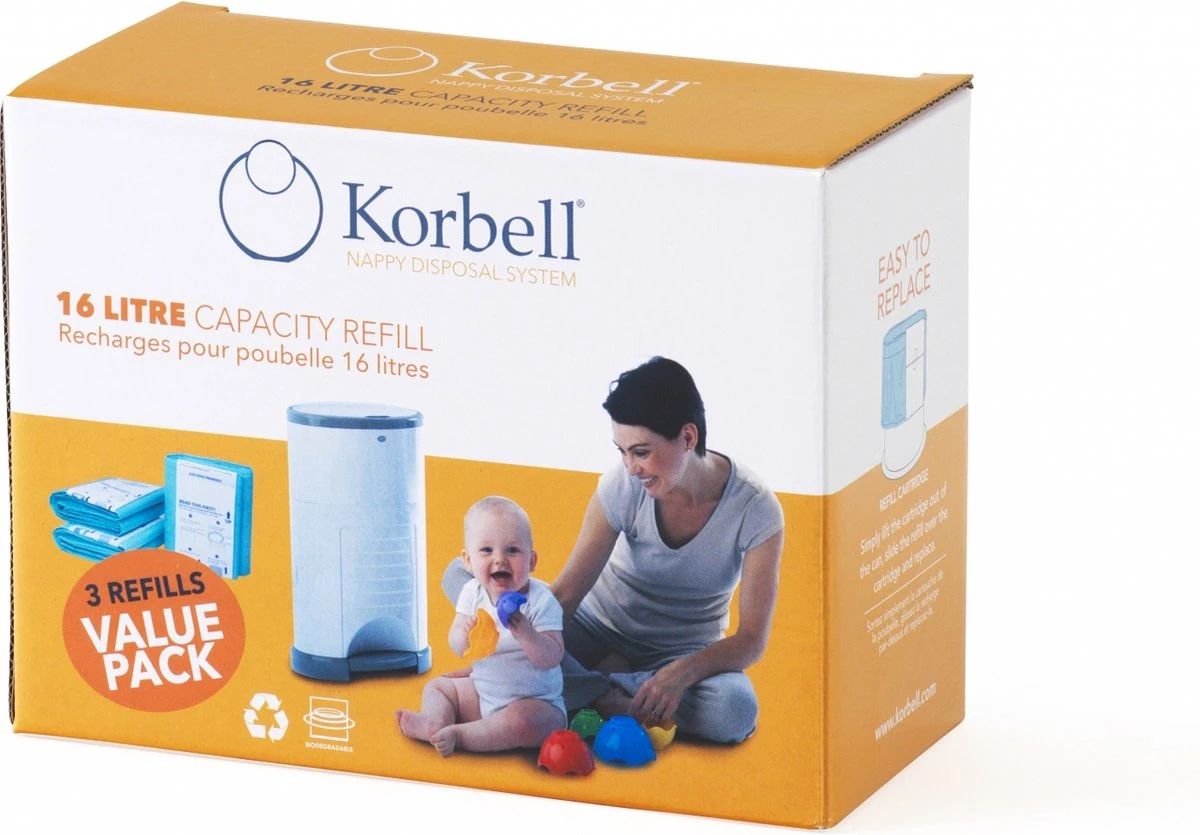 Korbell Luieremmer navulling - 15L zak - 3 stuks Korbell Luieremmer Navulling - 15L Zak - 3 Stuks -Babyproducten Promotie Winkel
