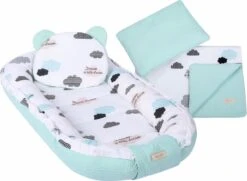 LUXE Babynestje 4 Delige SET / Kraamcadeau / GRATIS Wiegdeken Met Kussen / Wolken Mint