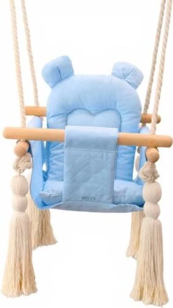 Melvy® - Baby Schommel Peekaboo – Blauw – Baby Swing – Schommelstoel Baby – Baby Schommel Buiten – Baby Schommelstoel – Babyzitje – Stof – Hout – Incl. Zacht Kussen & Bevestigingsmateriaal