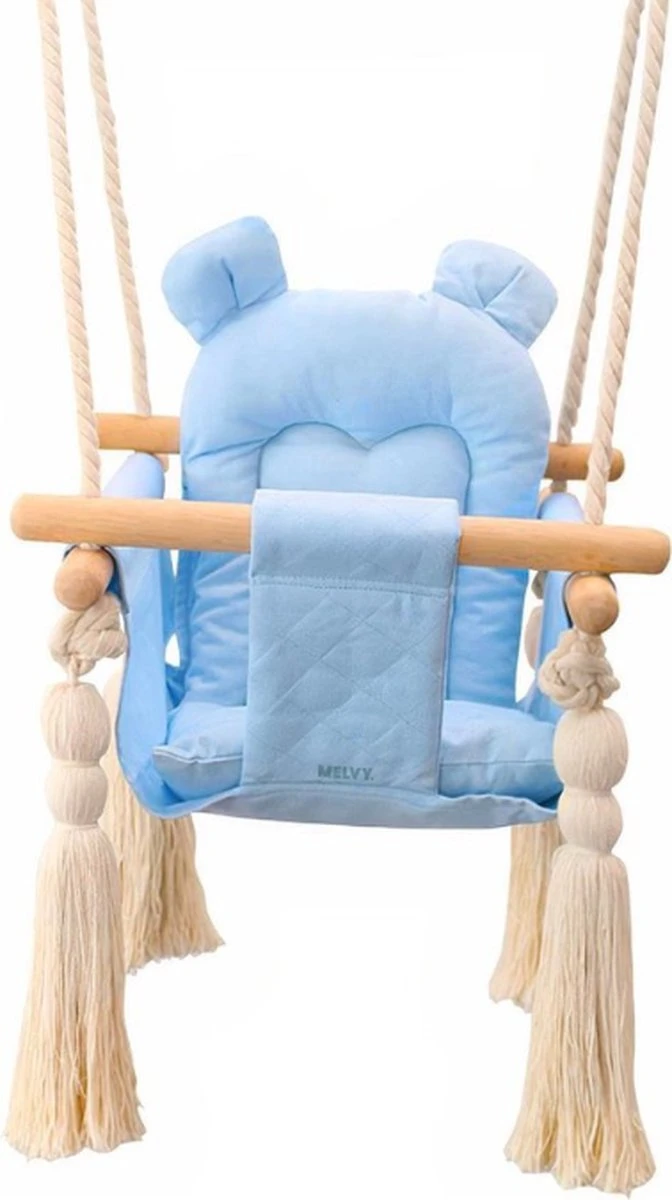 Melvy® - Baby Schommel Peekaboo – Blauw – Baby Swing – Schommelstoel Baby – Baby Schommel Buiten – Baby Schommelstoel – Babyzitje – Stof – Hout – Incl. Zacht Kussen & Bevestigingsmateriaal