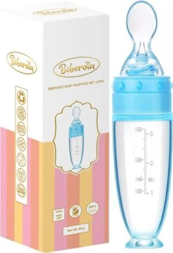Biberoia® Knijpfles Met Lepel – Drinkfles - Baby / Kinderbestek - Kraamcadeau – Babyshower – Blauw