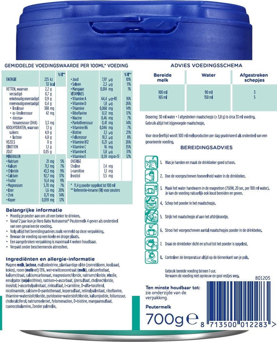 Hero Baby Nutrasense 4 (2+ Jaar) - Flesvoeding - 3 x 700gr - Peutermelk - met Melkvet - Palmolie Vrij Hero Baby Nutrasense 4 (2+ Jaar) - Flesvoeding - 3 X 700gr - Peutermelk - Met Melkvet - Palmolie Vrij -Babyproducten Promotie Winkel 970x1200 1