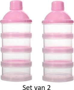 Merkloos Melkpoeder Doseerdoosje - Set Van 2 - BPA Vrij - Roze - 4 Lagen -Melkpoeder Toren - Babypoeder Bewaarbakje - Reisbox - Dispenser - Poedertoren